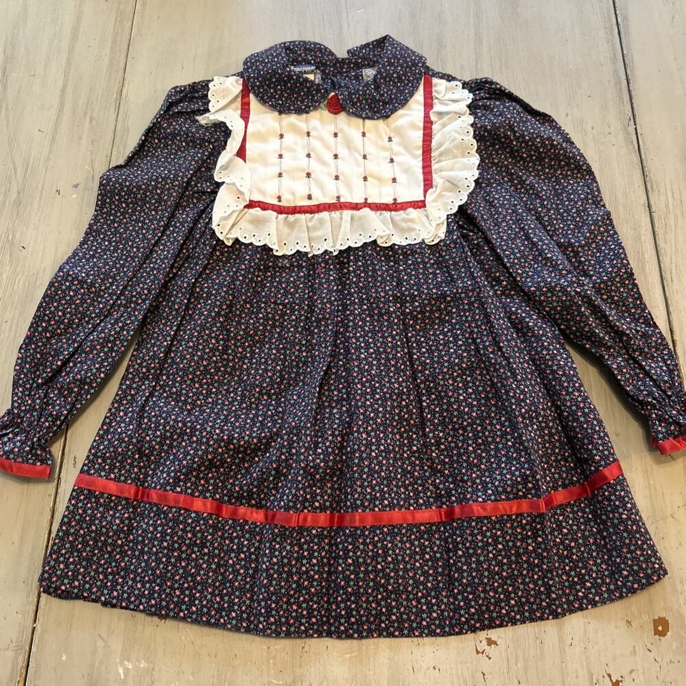 Polly Flinders Blue Ditzy Bib Collar Floral Dress 4 Lace Cottage Victorian 90s